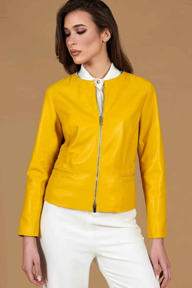 Donna D'Arienzo Clear - Giacca in pelle naturale giallo effetto liscio con girocollo