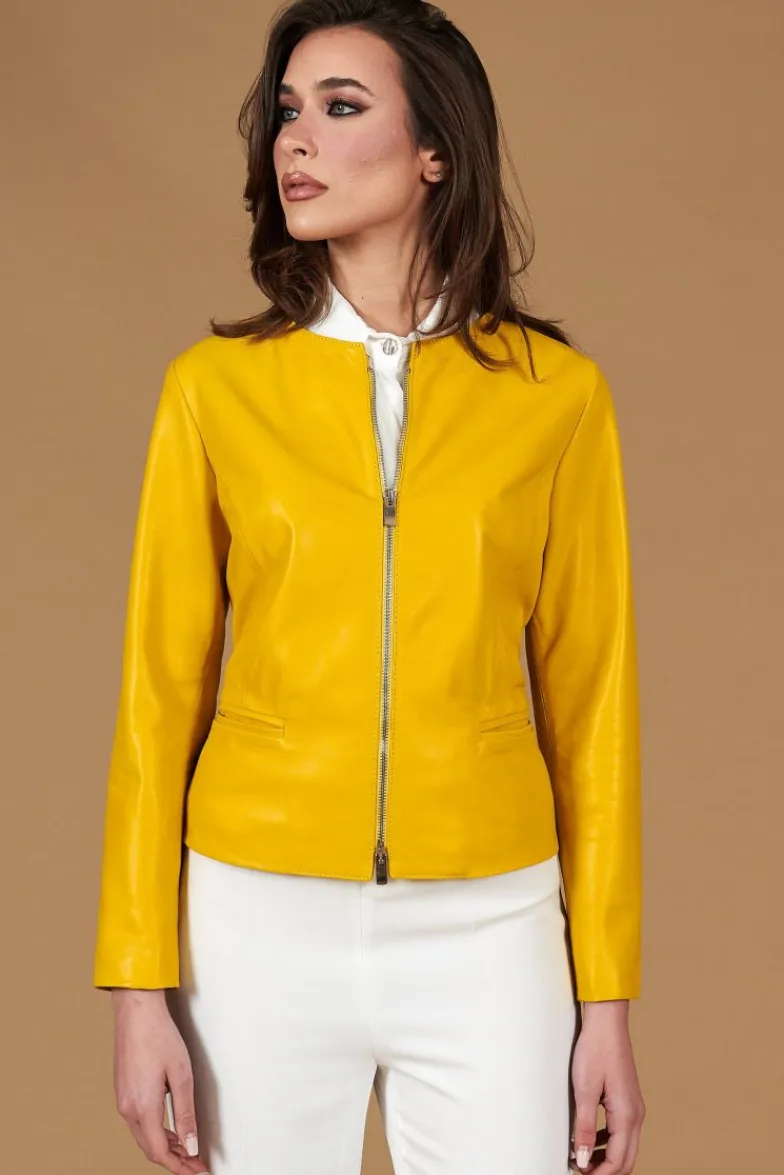 Donna D'Arienzo Clear - Giacca in pelle naturale giallo effetto liscio con girocollo