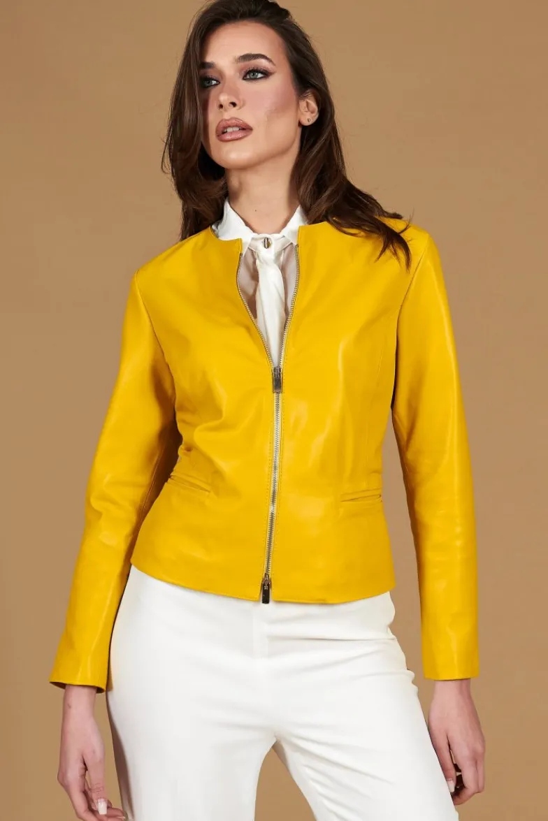 Donna D'Arienzo Clear - Giacca in pelle naturale giallo effetto liscio con girocollo