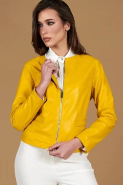 Donna D'Arienzo Clear - Giacca in pelle naturale giallo effetto liscio con girocollo