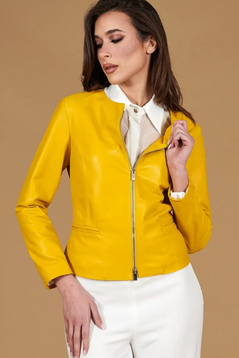 Donna D'Arienzo Clear - Giacca in pelle naturale giallo effetto liscio con girocollo