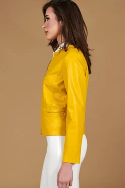 Donna D'Arienzo Clear - Giacca in pelle naturale giallo effetto liscio con girocollo