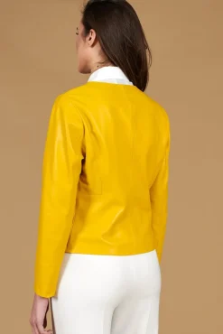 Donna D'Arienzo Clear - Giacca in pelle naturale giallo effetto liscio con girocollo