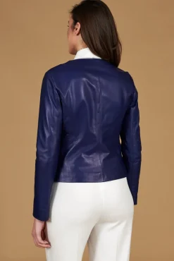 Donna D'Arienzo Clear - Giacca in pelle naturale bluette girocollo effetto liscio