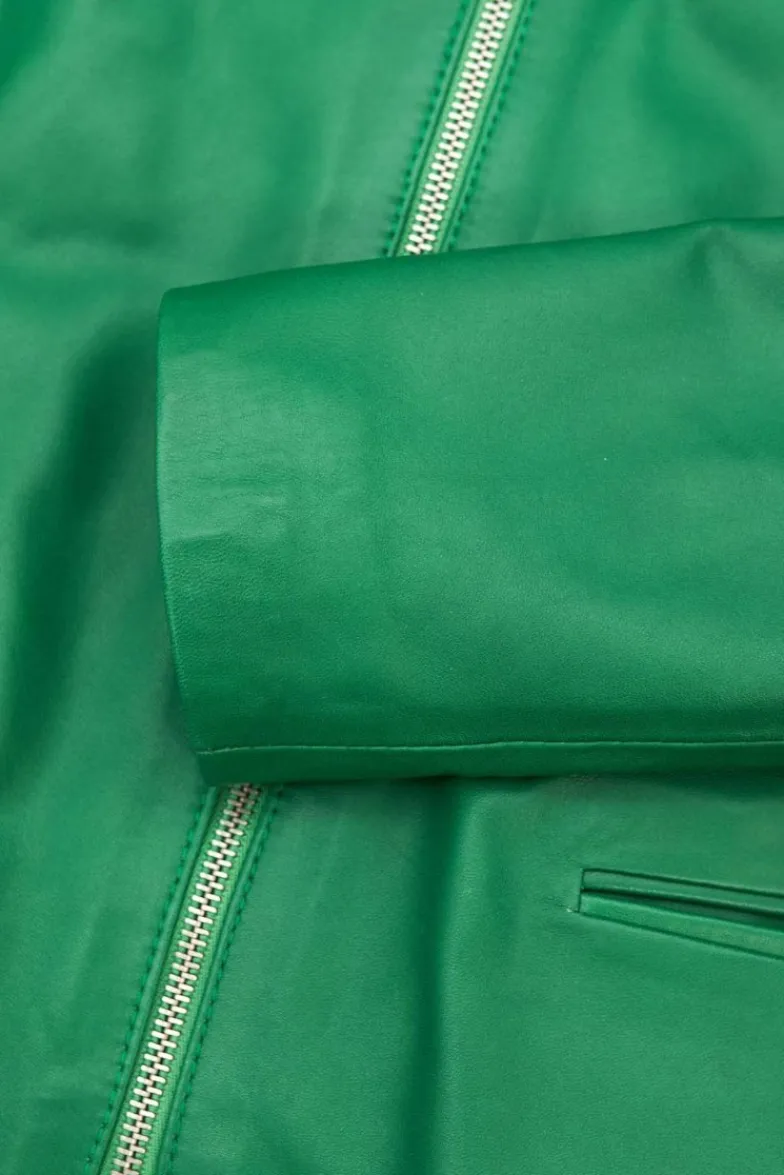 Donna D'Arienzo Clear - Giacca in pelle naturale verde effetto liscio con girocollo