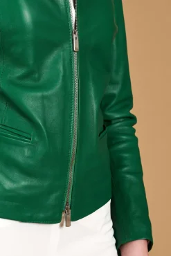 Donna D'Arienzo Clear - Giacca in pelle naturale verde effetto liscio con girocollo