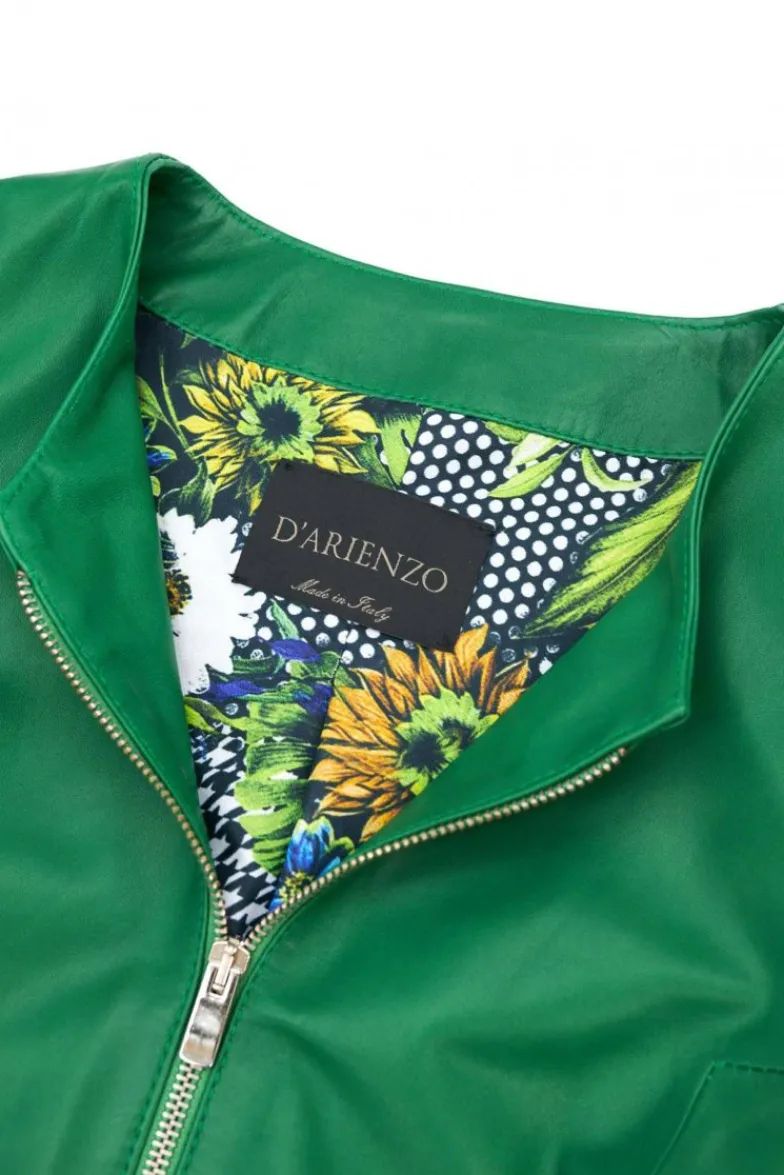 Donna D'Arienzo Clear - Giacca in pelle naturale verde effetto liscio con girocollo