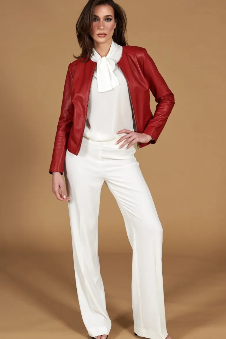Donna D'Arienzo Clear - Giacca in pelle rossa girocollo nappa effetto liscio