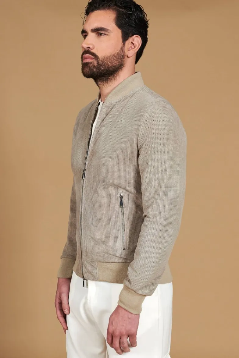 Uomo D'Arienzo College - Bomber in camoscio traforato grigio colletto pistagna