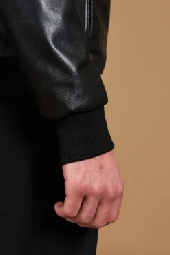 Uomo D'Arienzo College - Bomber in pelle nera nappa effetto liscio