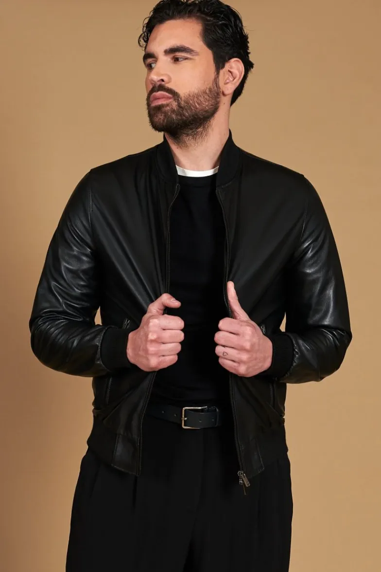 Uomo D'Arienzo College - Bomber in pelle nera nappa effetto liscio