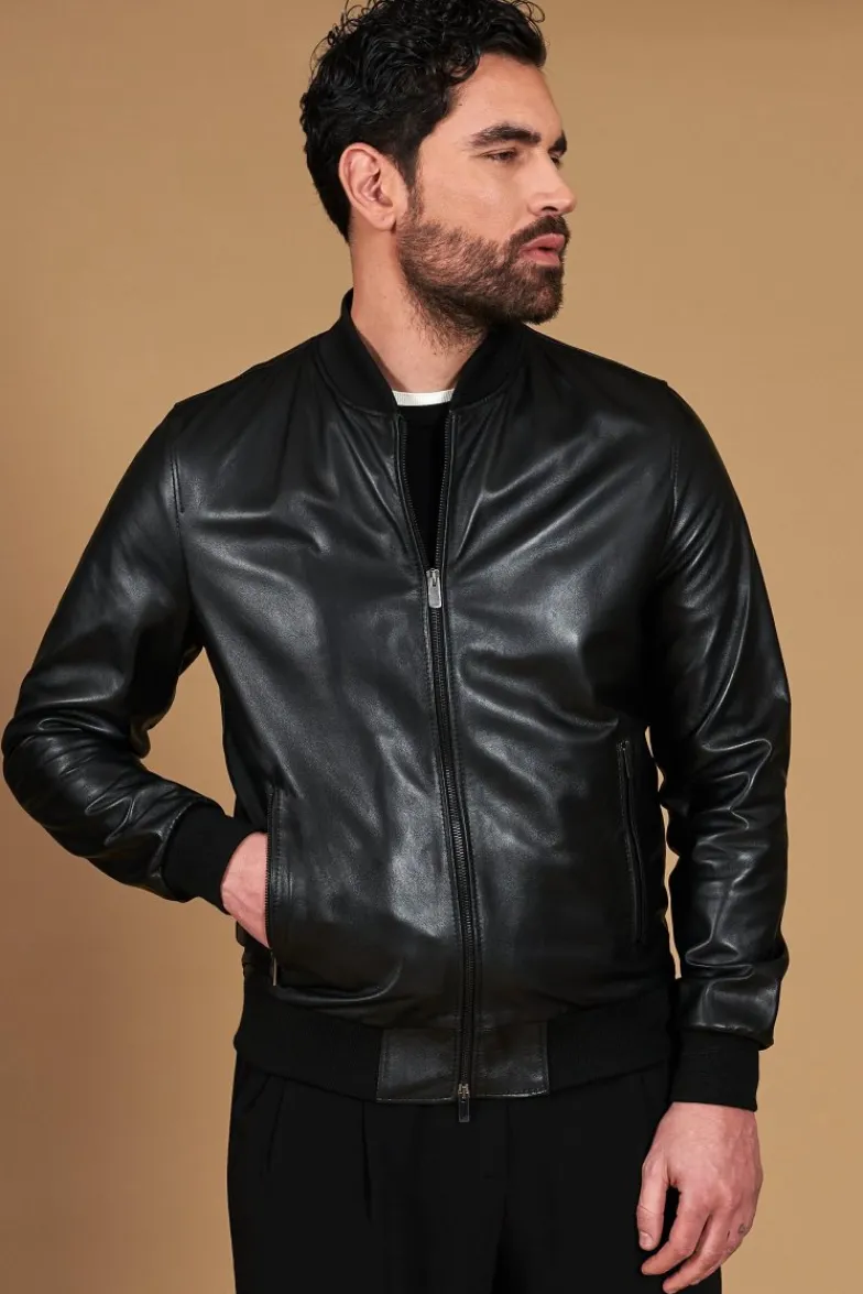Uomo D'Arienzo College - Bomber in pelle nera nappa effetto liscio