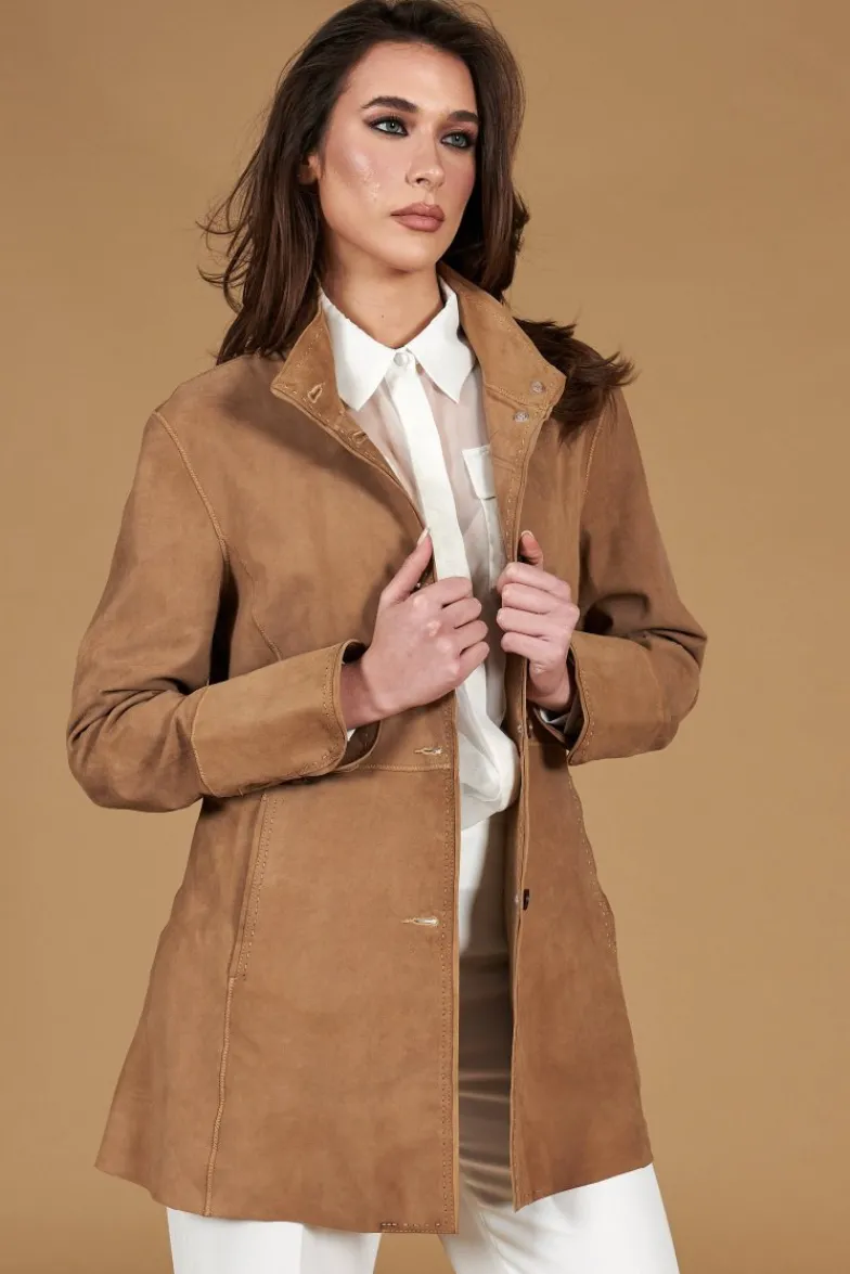 Donna D'Arienzo Cora - Cappottino in pelle camoscio beige sfoderato