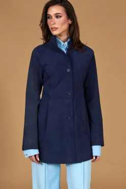 Donna D'Arienzo Cora - Cappottino in pelle camoscio blu sfoderato