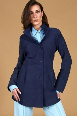 Donna D'Arienzo Cora - Cappottino in pelle camoscio blu sfoderato