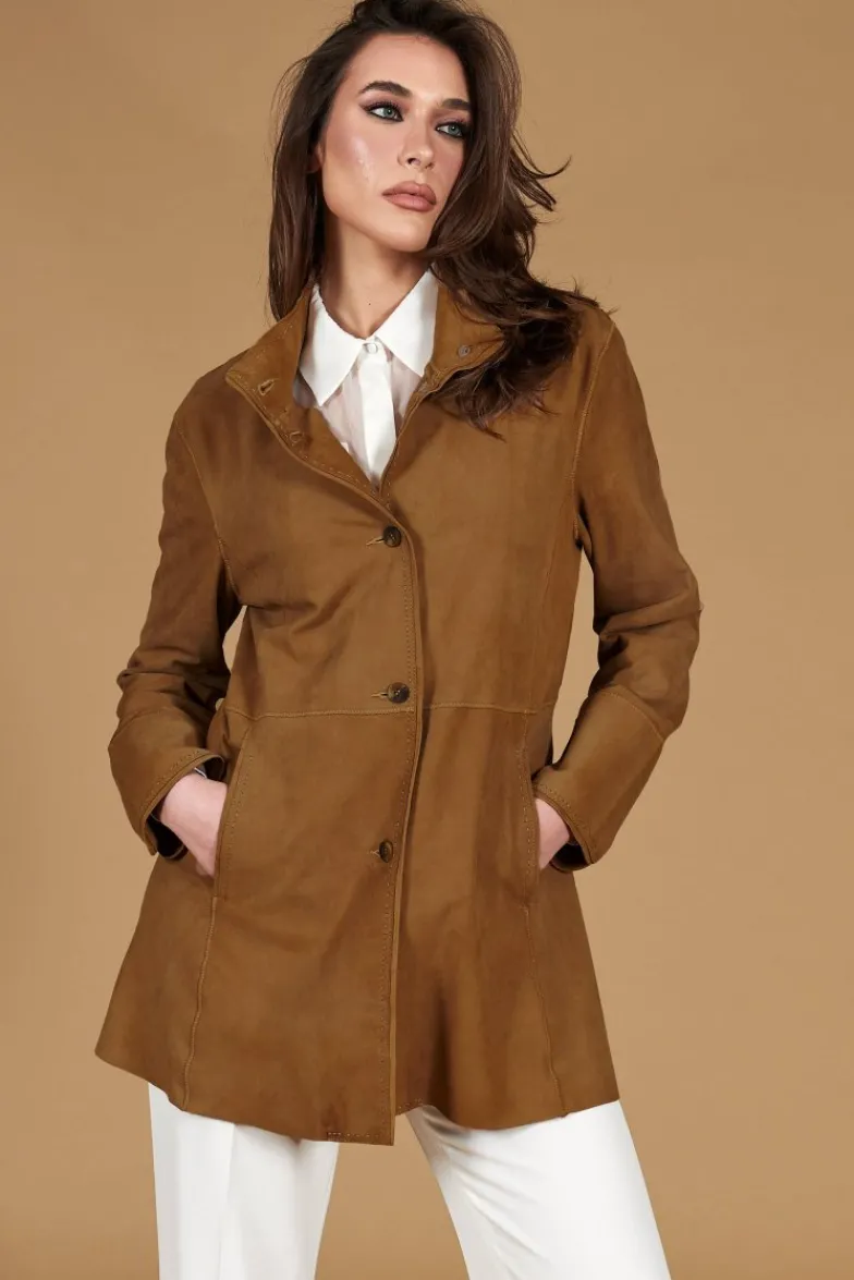 Donna D'Arienzo Cora - Cappottino in pelle camoscio cuoio sfoderato