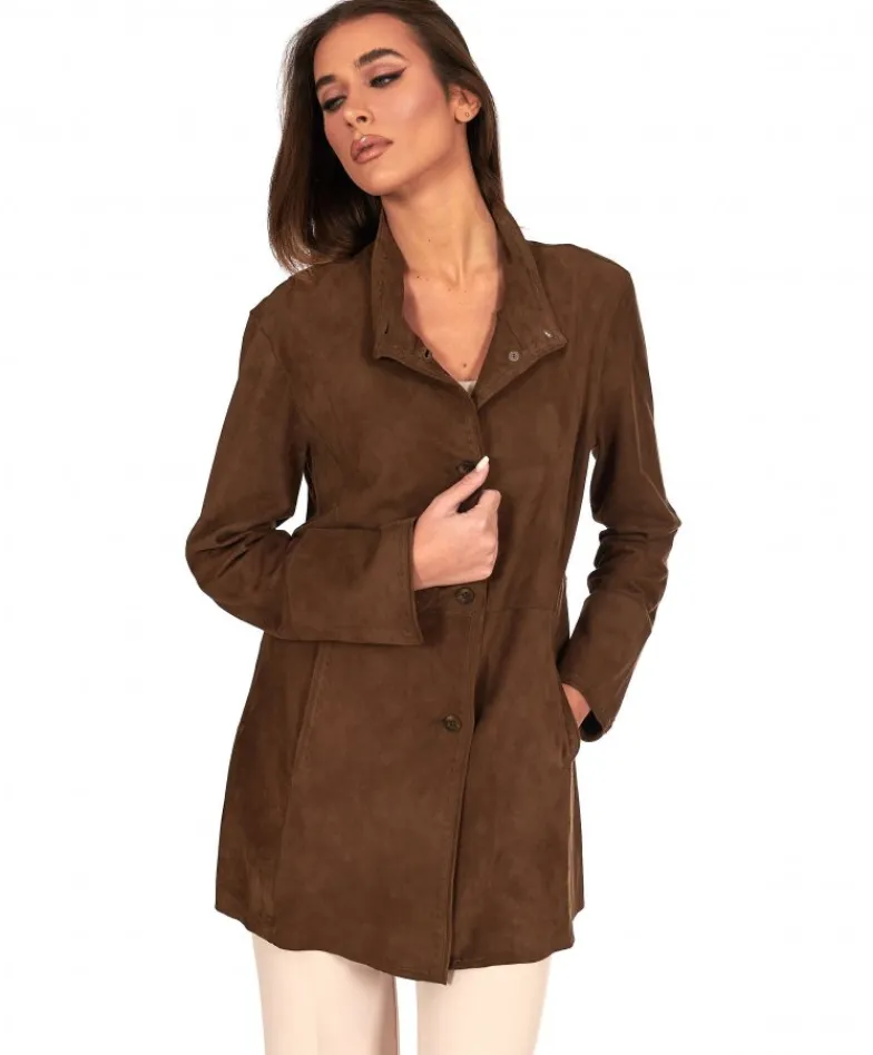 Donna D'Arienzo Cora - Cappottino in pelle camoscio fango sfoderato