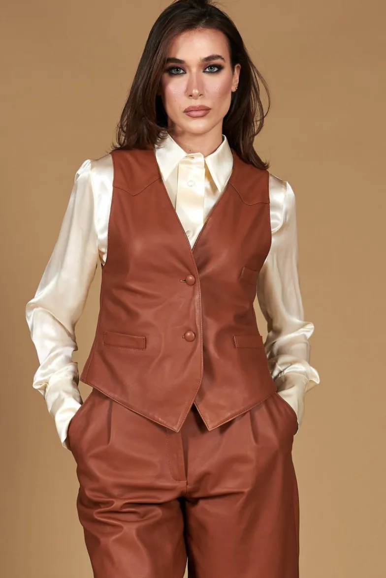 Donna D'Arienzo Dana - Gilet in pelle color cuoio nappa effetto liscio