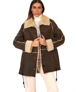 Donna D'Arienzo Daria - Cappotto montone shearling marrone con bottoni effetto vintage
