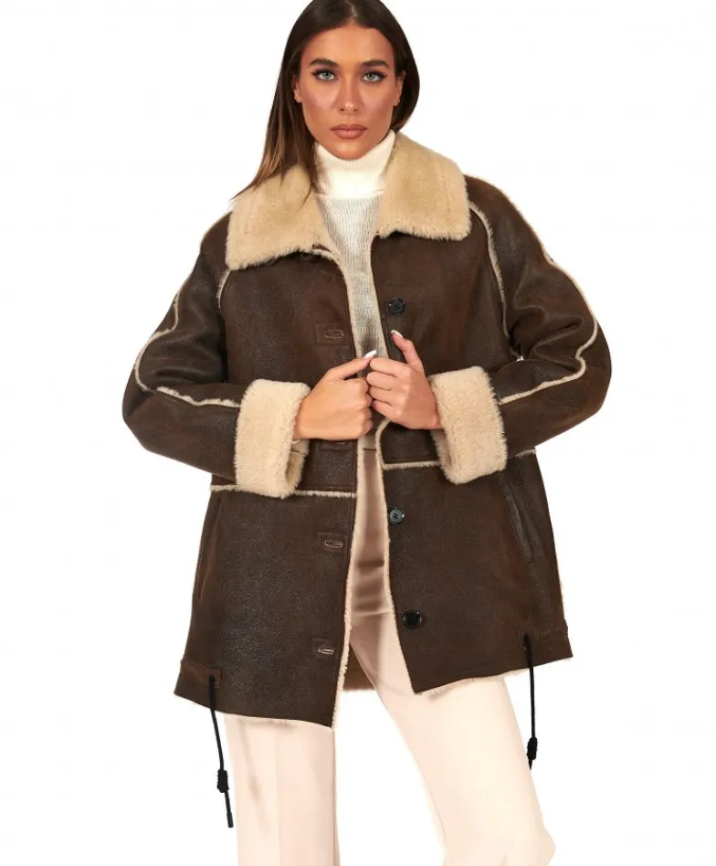 Donna D'Arienzo Daria - Cappotto montone shearling marrone con bottoni effetto vintage