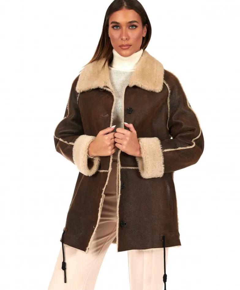 Donna D'Arienzo Daria - Cappotto montone shearling marrone con bottoni effetto vintage