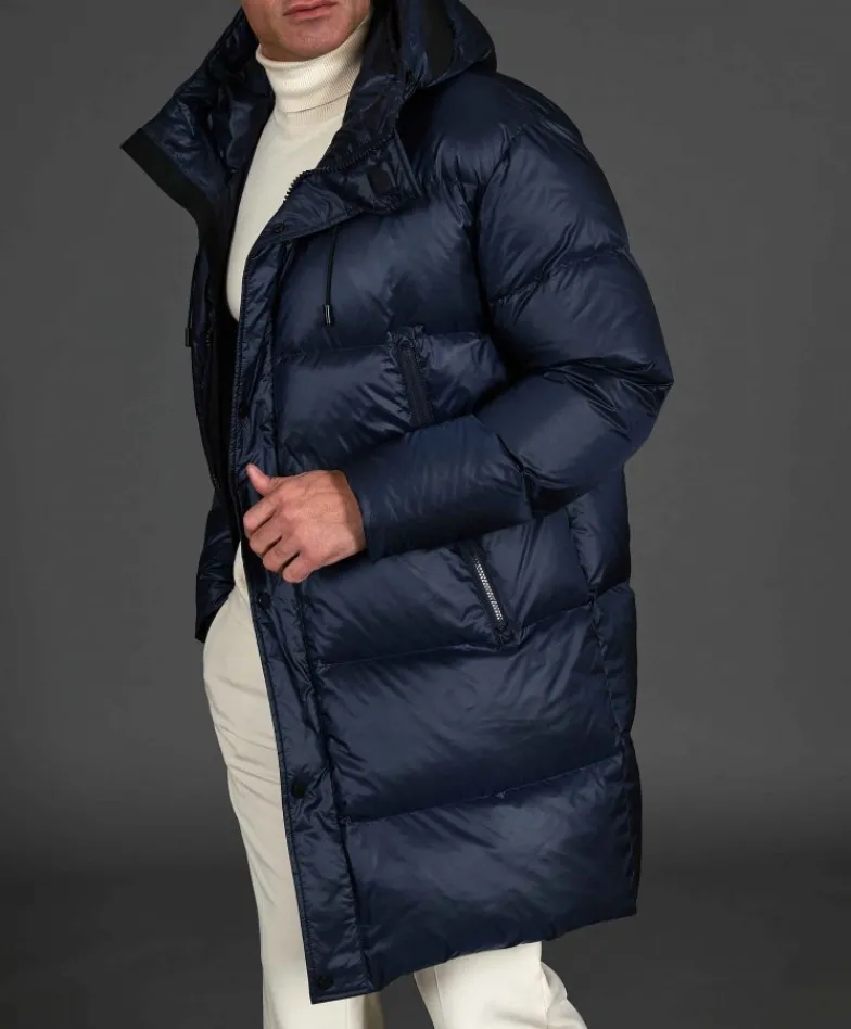 Uomo D'Arienzo Dave - Giaccone lungo in vera piuma colore blu da ripiegare a zaino