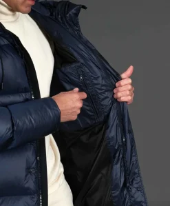 Uomo D'Arienzo Dave - Giaccone lungo in vera piuma colore blu da ripiegare a zaino