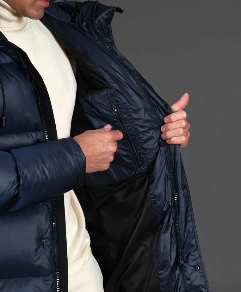 Uomo D'Arienzo Dave - Giaccone lungo in vera piuma colore blu da ripiegare a zaino