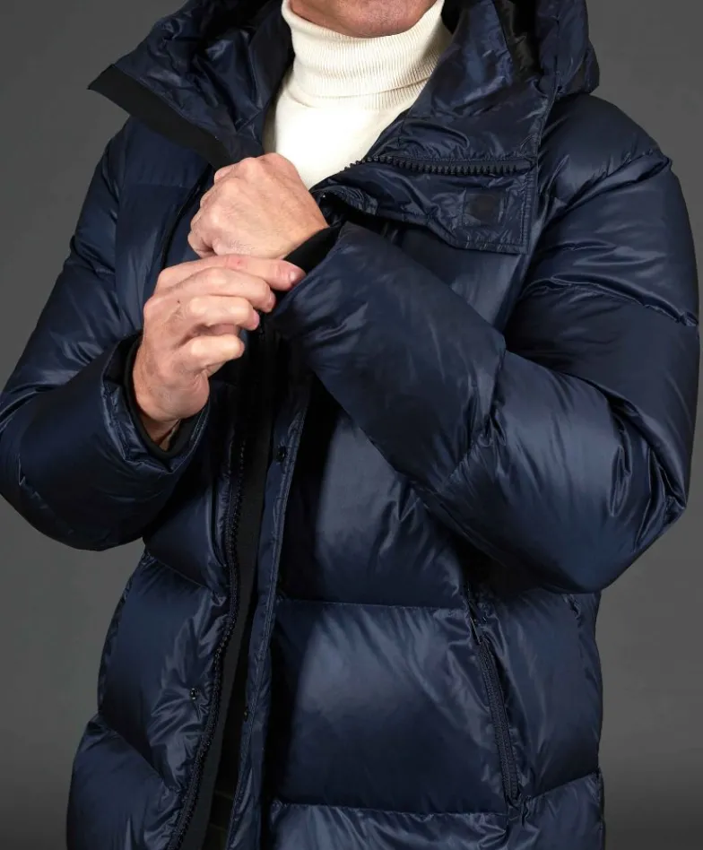 Uomo D'Arienzo Dave - Giaccone lungo in vera piuma colore blu da ripiegare a zaino