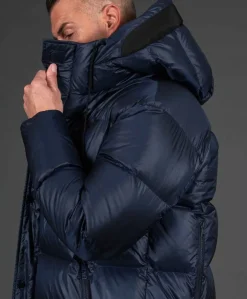 Uomo D'Arienzo Dave - Giaccone lungo in vera piuma colore blu da ripiegare a zaino