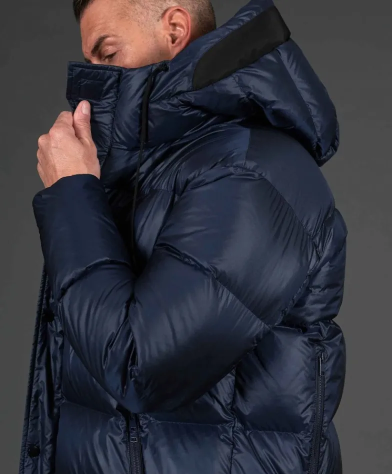 Uomo D'Arienzo Dave - Giaccone lungo in vera piuma colore blu da ripiegare a zaino