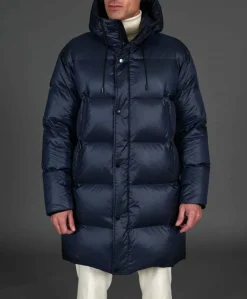 Uomo D'Arienzo Dave - Giaccone lungo in vera piuma colore blu da ripiegare a zaino