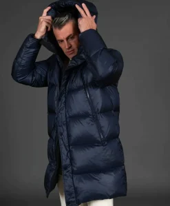 Uomo D'Arienzo Dave - Giaccone lungo in vera piuma colore blu da ripiegare a zaino