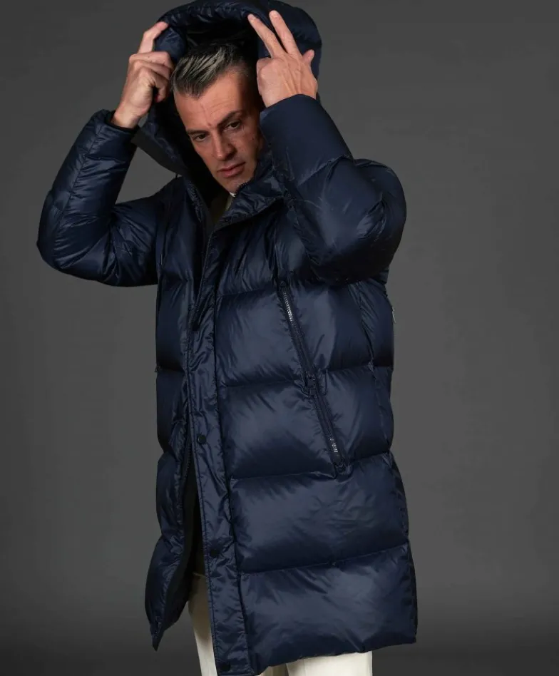 Uomo D'Arienzo Dave - Giaccone lungo in vera piuma colore blu da ripiegare a zaino