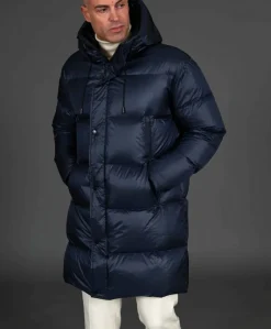 Uomo D'Arienzo Dave - Giaccone lungo in vera piuma colore blu da ripiegare a zaino