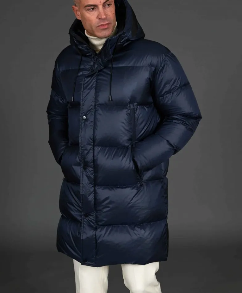 Uomo D'Arienzo Dave - Giaccone lungo in vera piuma colore blu da ripiegare a zaino