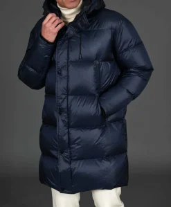 Uomo D'Arienzo Dave - Giaccone lungo in vera piuma colore blu da ripiegare a zaino