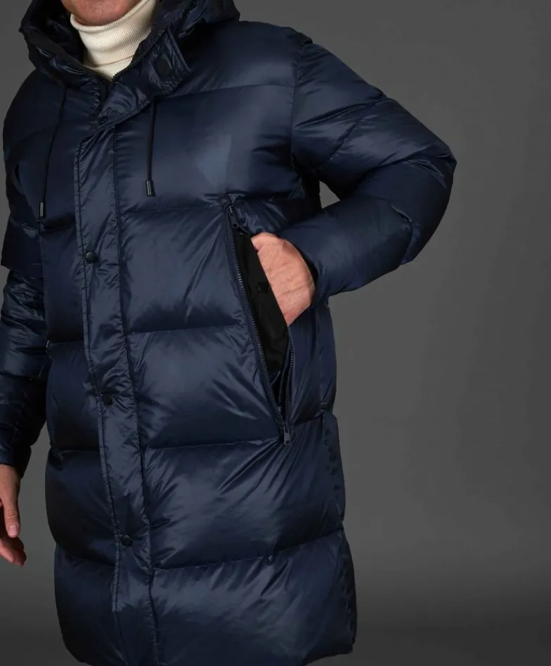 Uomo D'Arienzo Dave - Giaccone lungo in vera piuma colore blu da ripiegare a zaino