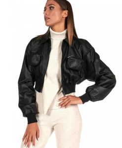 Donna D'Arienzo Delia - Bomber in pelle nera goffrata versione corta
