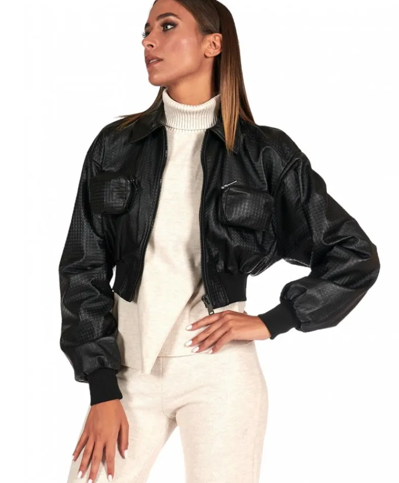 Donna D'Arienzo Delia - Bomber in pelle nera goffrata versione corta