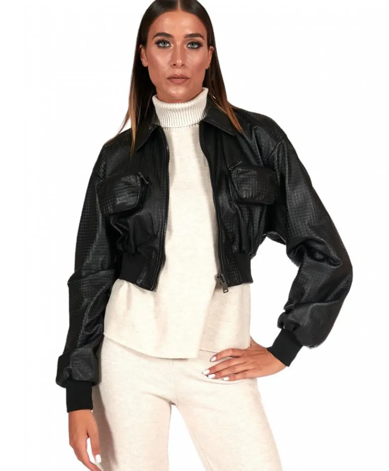 Donna D'Arienzo Delia - Bomber in pelle nera goffrata versione corta