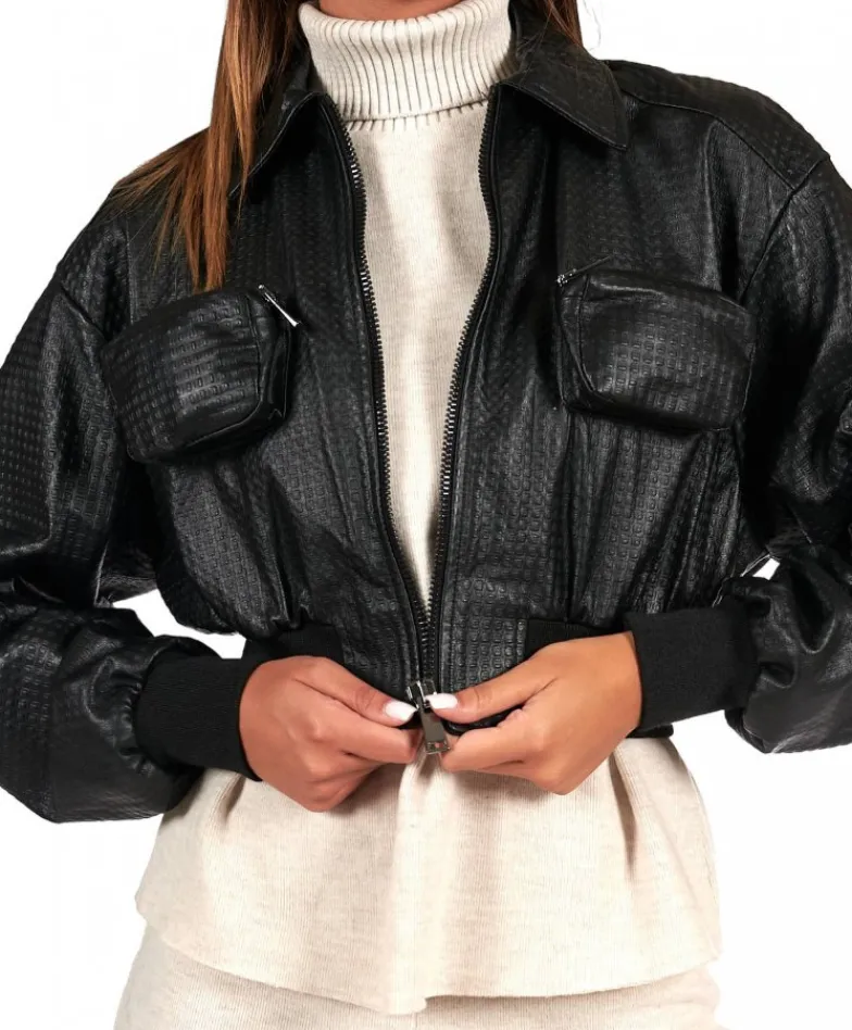 Donna D'Arienzo Delia - Bomber in pelle nera goffrata versione corta