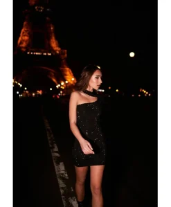 Donna D'Arienzo Diamond - Vestito monospalla a tubino nero con veri cristalli