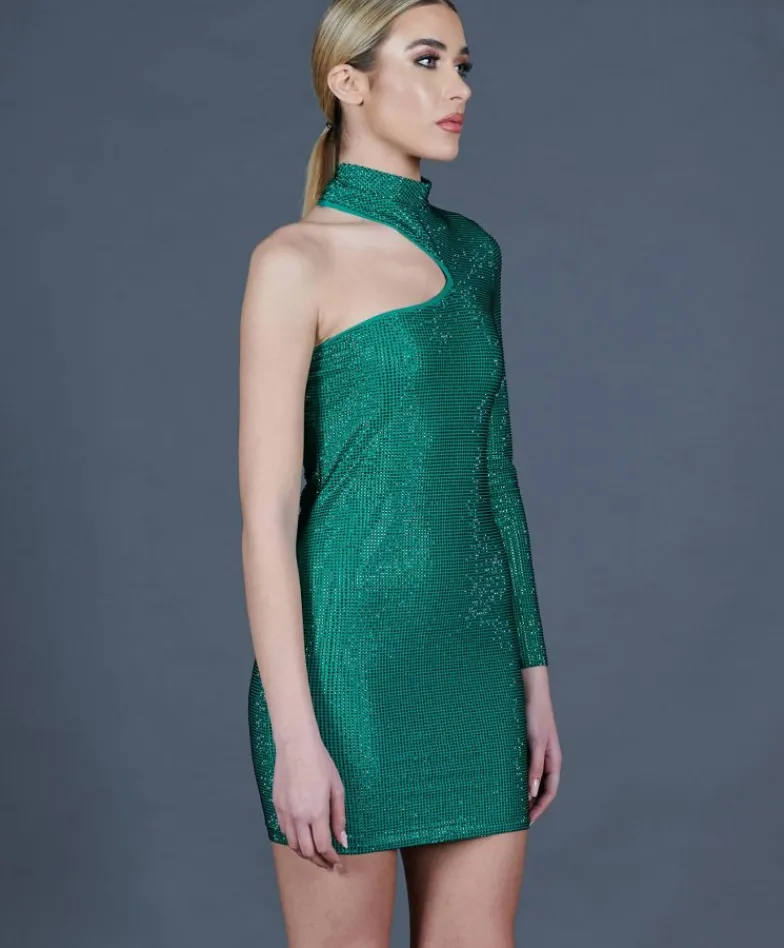 Donna D'Arienzo Diamond - Vestito monospalla a tubino verde con veri cristalli