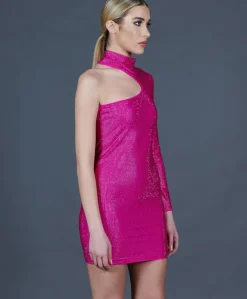 Donna D'Arienzo Diamond - Vestito monospalla a tubino fuxia con veri cristalli