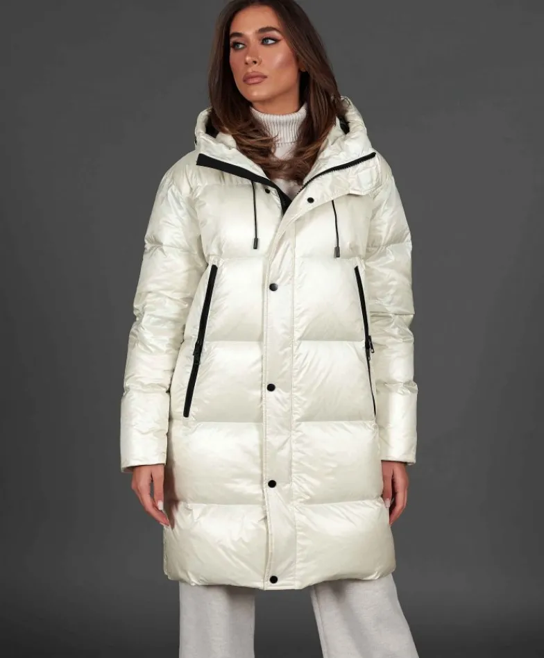 Donna D'Arienzo Dora - Giaccone lungo in vera piuma colore beige da ripiegare a zaino