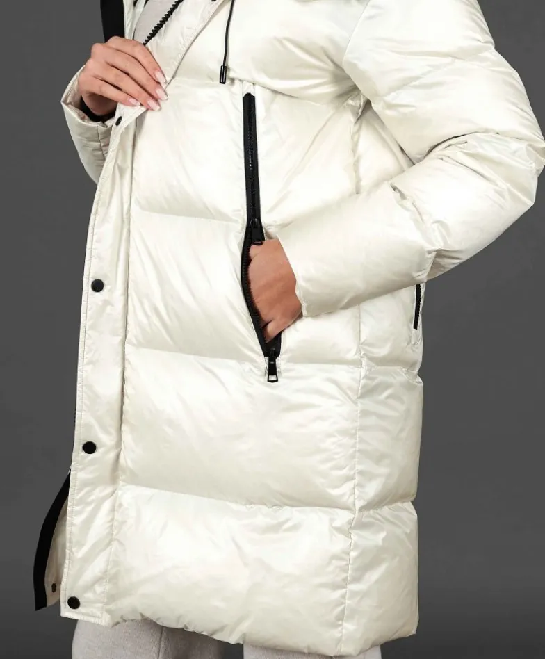 Donna D'Arienzo Dora - Giaccone lungo in vera piuma colore beige da ripiegare a zaino