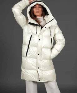 Donna D'Arienzo Dora - Giaccone lungo in vera piuma colore beige da ripiegare a zaino
