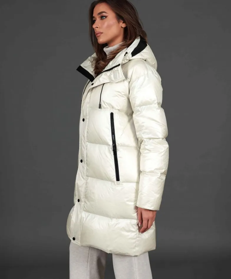 Donna D'Arienzo Dora - Giaccone lungo in vera piuma colore beige da ripiegare a zaino