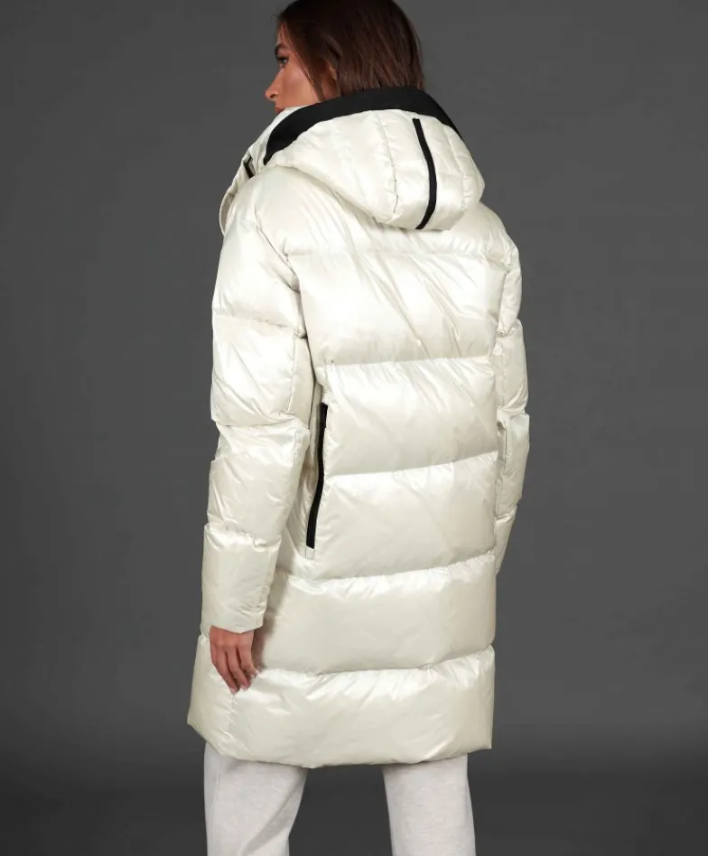 Donna D'Arienzo Dora - Giaccone lungo in vera piuma colore beige da ripiegare a zaino